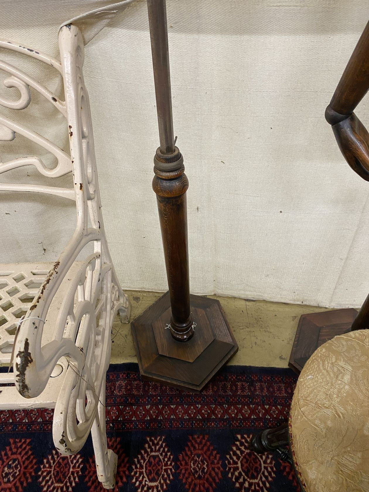 A Victorian style part painted beech mannequin on telescopic stand